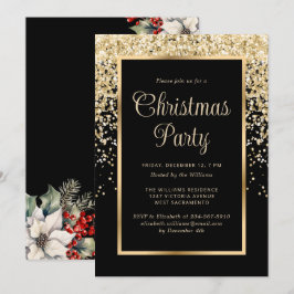 Invitación Fiesta Botánica de Navidad con Confeti de Oro Negr