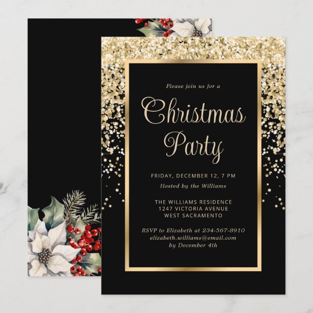 Invitación Fiesta Botánica de Navidad con Confeti de Oro Negr (Anverso / Reverso)