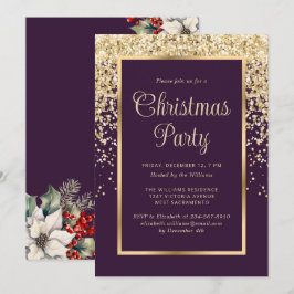 Invitación Fiesta Botánica de Navidad con Confeti de Oro Púrp