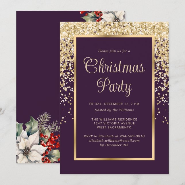 Invitación Fiesta Botánica de Navidad con Confeti de Oro Púrp (Anverso / Reverso)