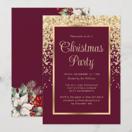 Invitación Fiesta Botánica de Navidad con Confeti de Oro Rojo
