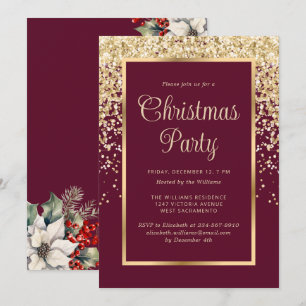 Invitación Fiesta Botánica de Navidad con Confeti de Oro Rojo