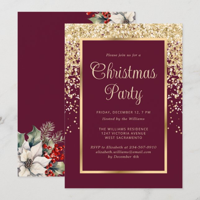Invitación Fiesta Botánica de Navidad con Confeti de Oro Rojo (Anverso / Reverso)
