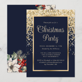 Invitación Fiesta Botánica de Navidad Confeti Azul Dorado