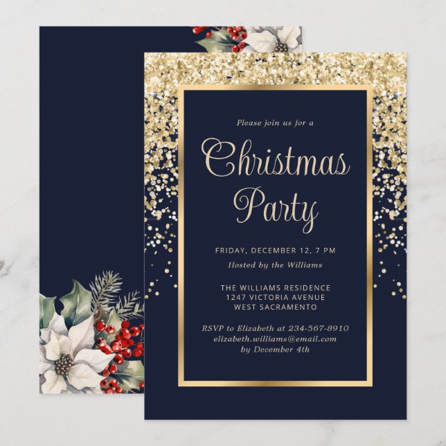 Invitación Fiesta Botánica de Navidad Confeti Azul Dorado (Anverso / Reverso)