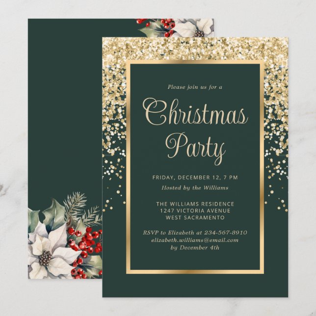 Invitación Fiesta Botánica de Navidad Confeti Dorado Verde (Anverso / Reverso)