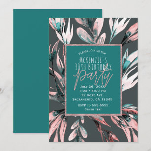 Invitación Fiesta Botánica Glam de Acuarela Gris Coral Verde