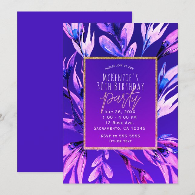 Invitación Fiesta Botánica Glam de Acuarela Morado Brillante  (Anverso / Reverso)