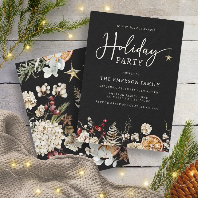 Invitación Fiesta Botánica Negra (Black Boho Rustic Botanical Holiday Party Invitation
)