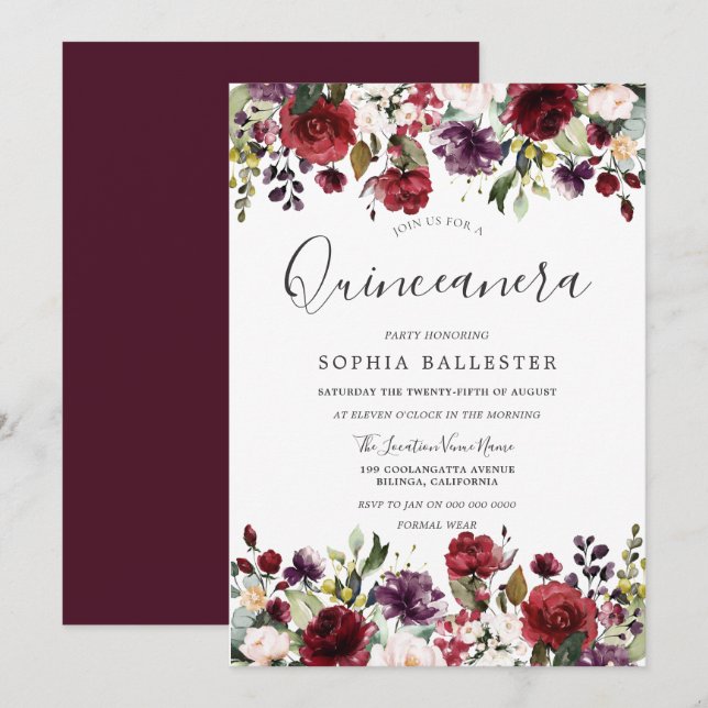 Invitación Fiesta Botánico Quinceanera Borgoña (Anverso / Reverso)