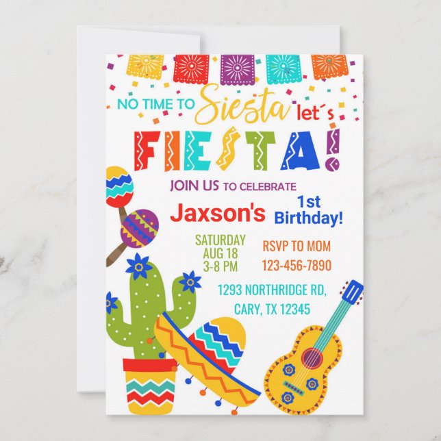 Invitación Fiesta boy birthday invitation, 1st birthday. (Anverso)