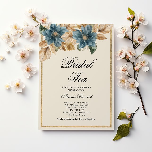 Invitación Fiesta Bridal Shower (Blue gold floral bridal tea party Bridal Shower)