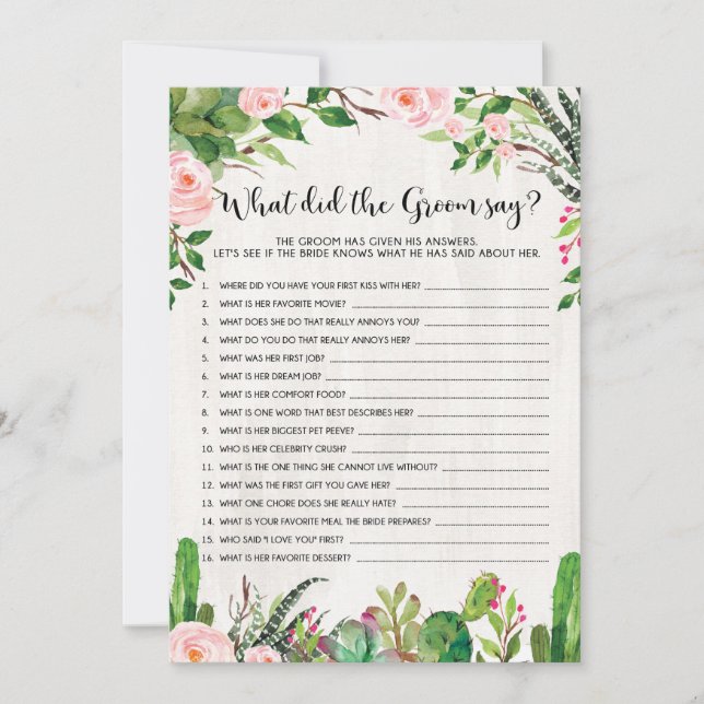 Invitación Fiesta Bridal Shower Game Lo que dijo Groom (Anverso)