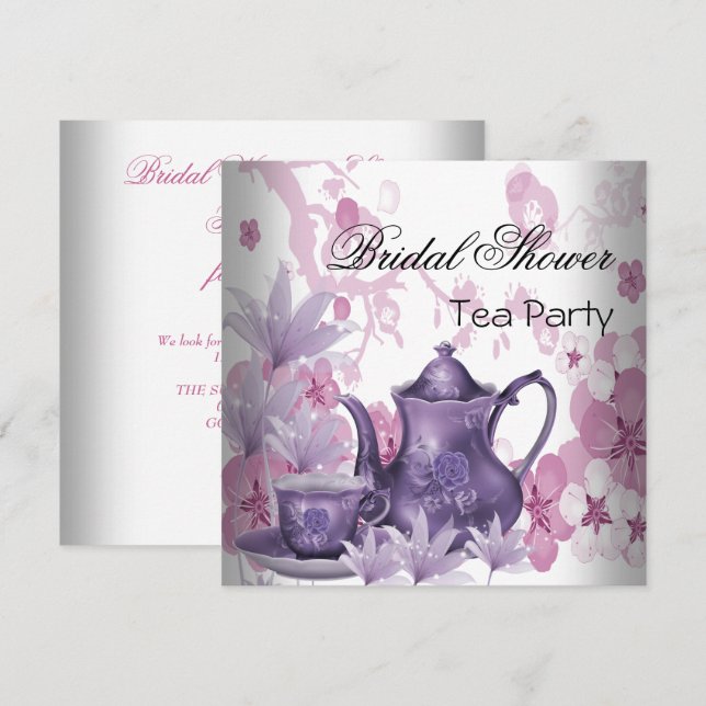 Invitación Fiesta Bridal Shower Pink Purple Tea (Anverso / Reverso)