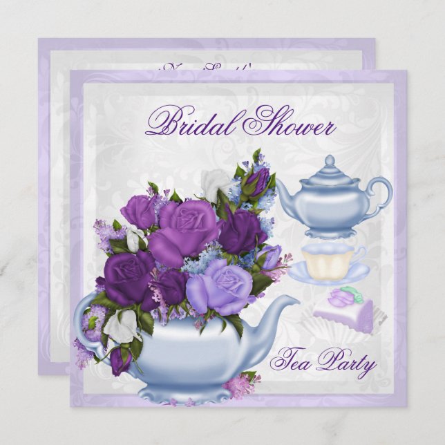 Invitación Fiesta Bridal Shower Purple Blue Floral Tea (Anverso / Reverso)