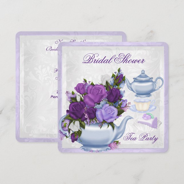 Invitación Fiesta Bridal Shower Purple Blue Floral Tea (Anverso / Reverso)