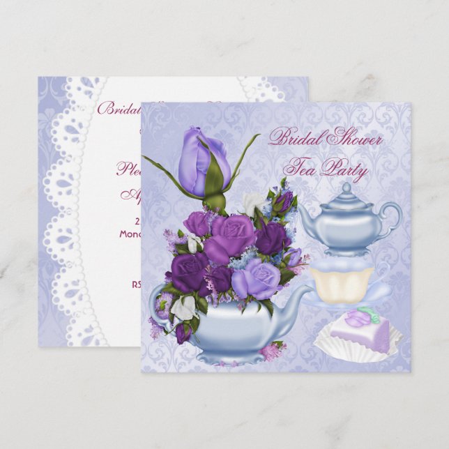Invitación Fiesta Bridal Shower Purple Floral Tea (Anverso / Reverso)