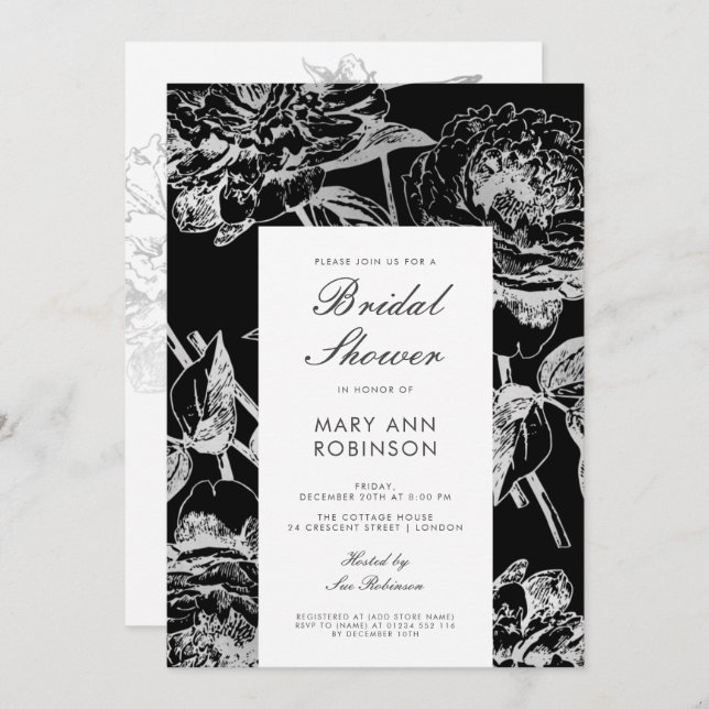 Invitación Fiesta Bridal Shower Simple Floral Silver Negro (Anverso / Reverso)