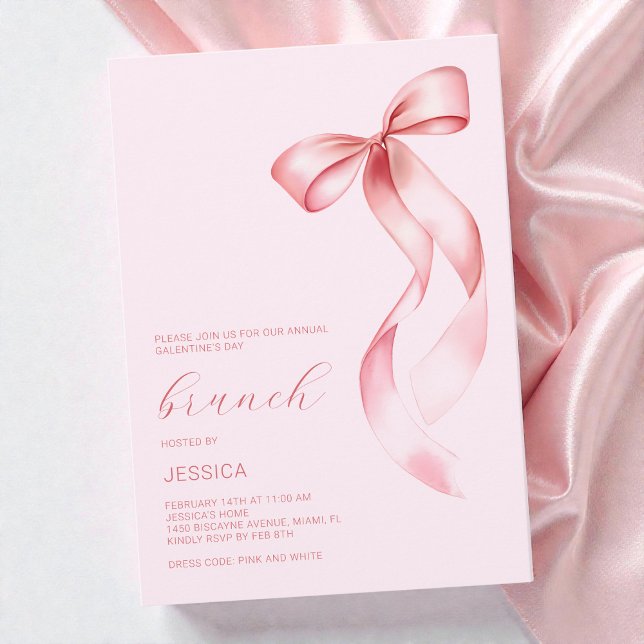 Invitación Fiesta Brunch del Día de Galentines Chic Rosa Lazo (Chic Pink Bow Girly Galentine's Day Brunch Party Invitation)