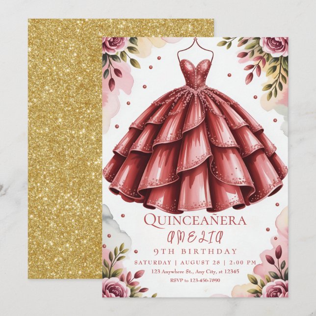 Invitación fiesta burgundy elegante (Anverso / Reverso)