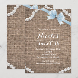 Invitación Fiesta Burlap & Pearls Lazo Azul Glamour Sweet 16