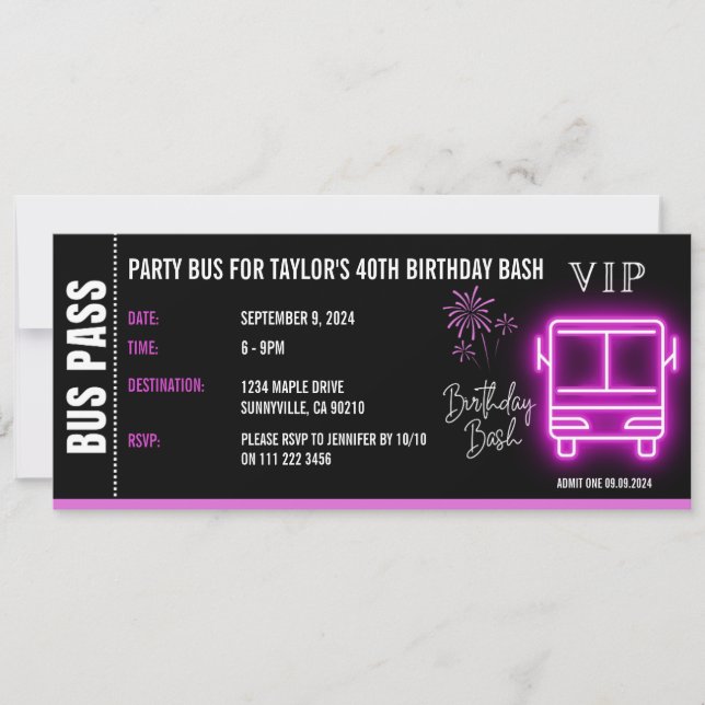 Invitación Fiesta Bus Pass Ticket VIP Cumpleaños (Anverso)
