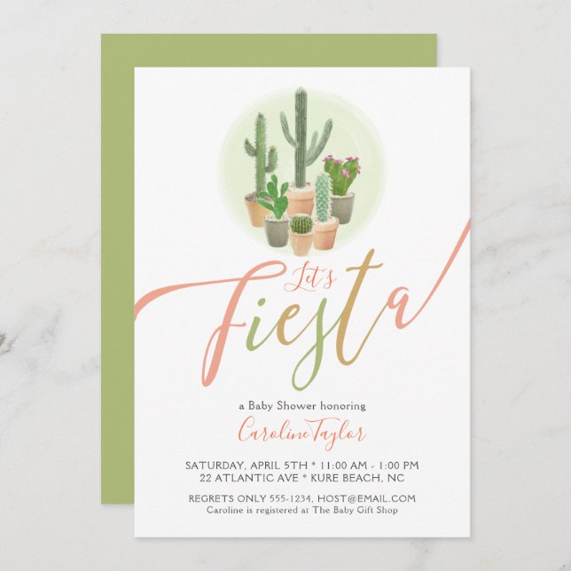 Invitación Fiesta Cactus Coral Sage Green Baby Shower (Anverso / Reverso)