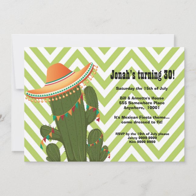 Invitación Fiesta Cactus Mexicano Invitado Fiesta Sombrero (Anverso)