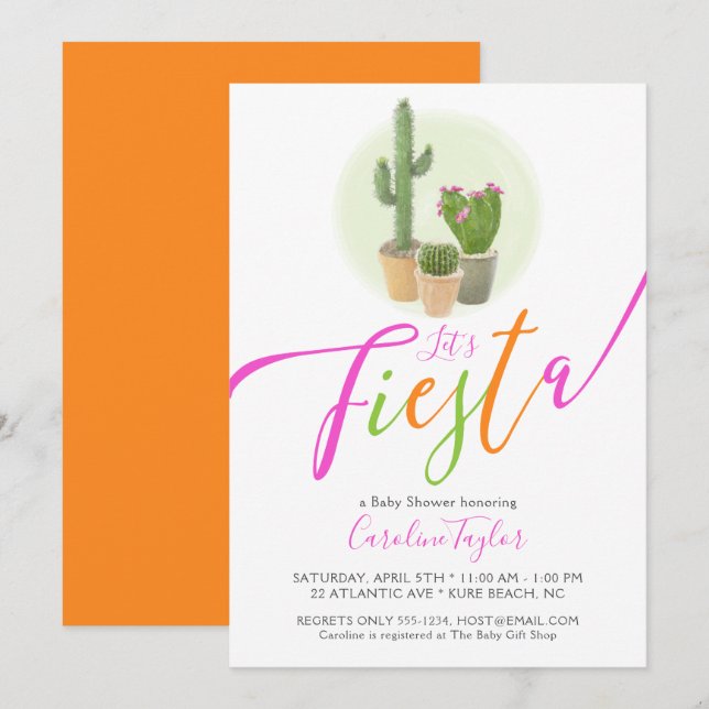 Invitación Fiesta Cactus Neon Naranja Rosa Baby Shower (Anverso / Reverso)
