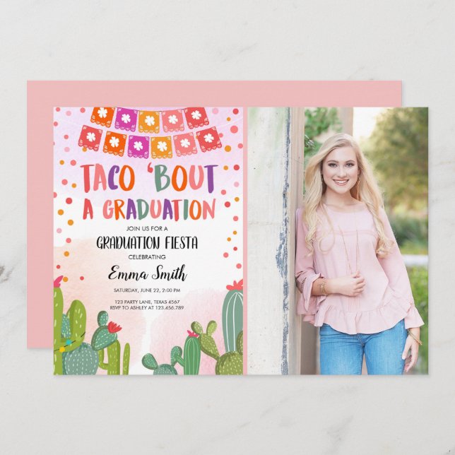 Invitación Fiesta Cactus Taco sobre una foto de graduación (Anverso / Reverso)