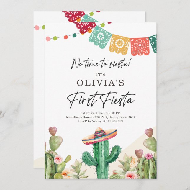 Invitación Fiesta Cactus Watercolor Chica Primer Cumpleaños (Anverso / Reverso)