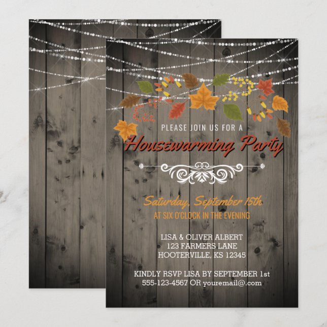 Invitación Fiesta Calentador de Casas  Rústico Madera Luces d (Anverso / Reverso)