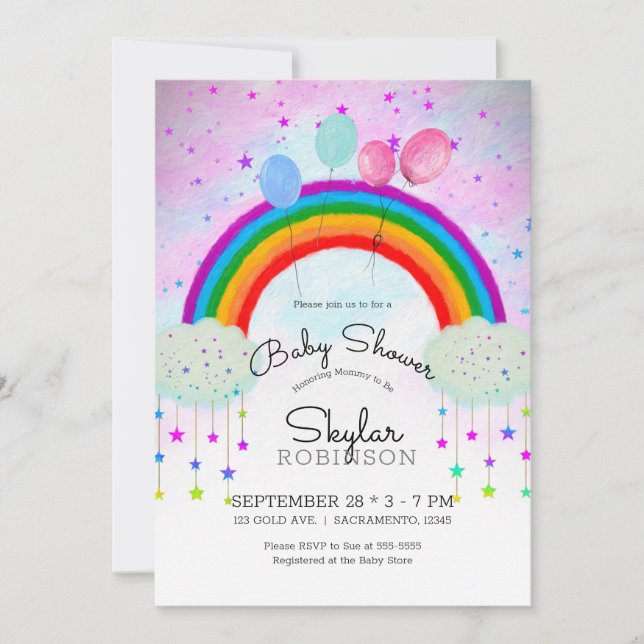 Invitación Fiesta caprichoso globa el Baby Shower con estrell (Anverso)