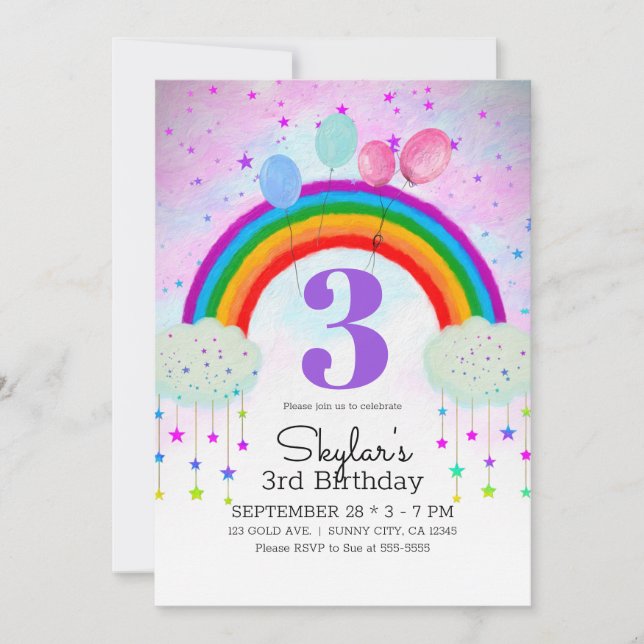 Invitación Fiesta caprichoso Globos Estrellas arcoiris Cumple (Anverso)