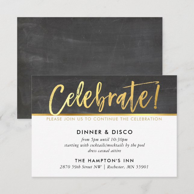 Invitación FIESTA CELEBRACIÓN DETALLES de oro en pizarra gris (Anverso / Reverso)
