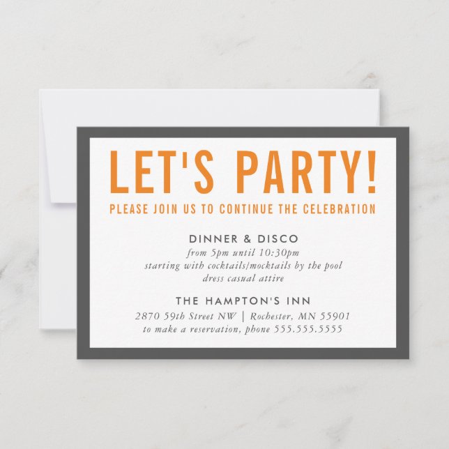 Invitación FIESTA CELEBRACIÓN INFO naranja gris negrita moder (Anverso)