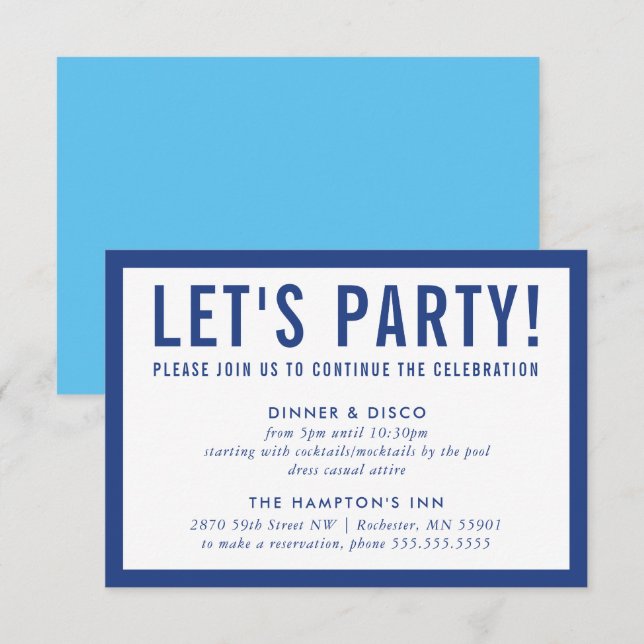 Invitación FIESTA CELEBRACIÓN INFO simple azul negrita modern (Anverso / Reverso)