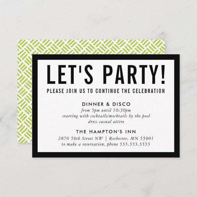 Invitación FIESTA CELEBRACIÓN INFO simple lima negra moderna (Anverso / Reverso)