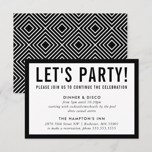 Invitación FIESTA CELEBRACIÓN INFO simple negro negrita moder (Anverso / Reverso)