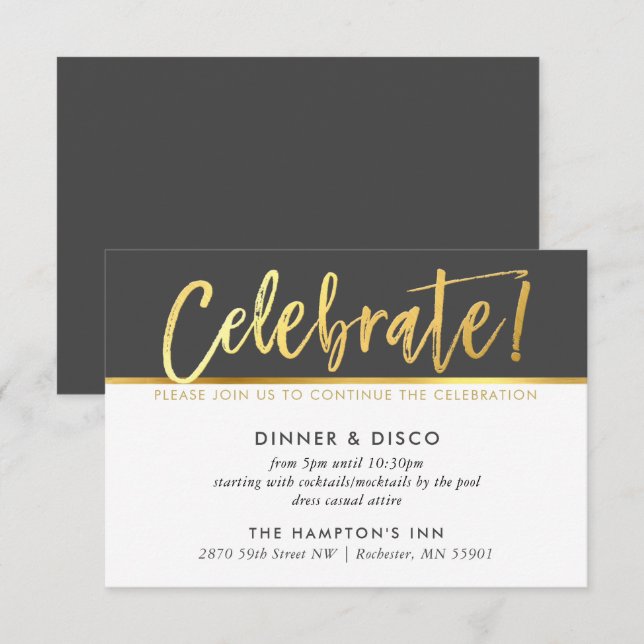 Invitación FIESTA CELEBRATION DETALLE script de oro gris oscu (Anverso / Reverso)