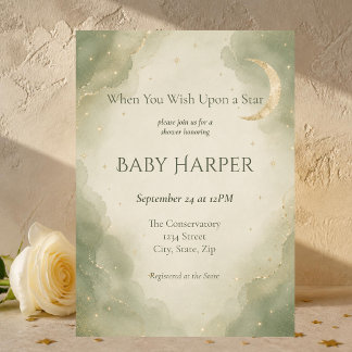 Invitación Fiesta Celestial de Baby Shower en Verde Salvia y
