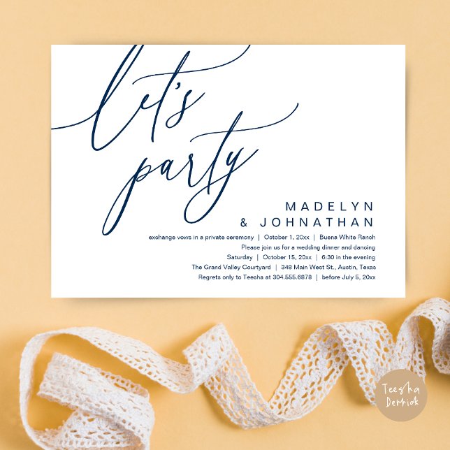 Invitación Fiesta, cena romántica Boda y baile (Let's Party, Romantic Charm Wedding Dinner Dancing Lunch Brunch Invitation Card PDF Navy Blue)