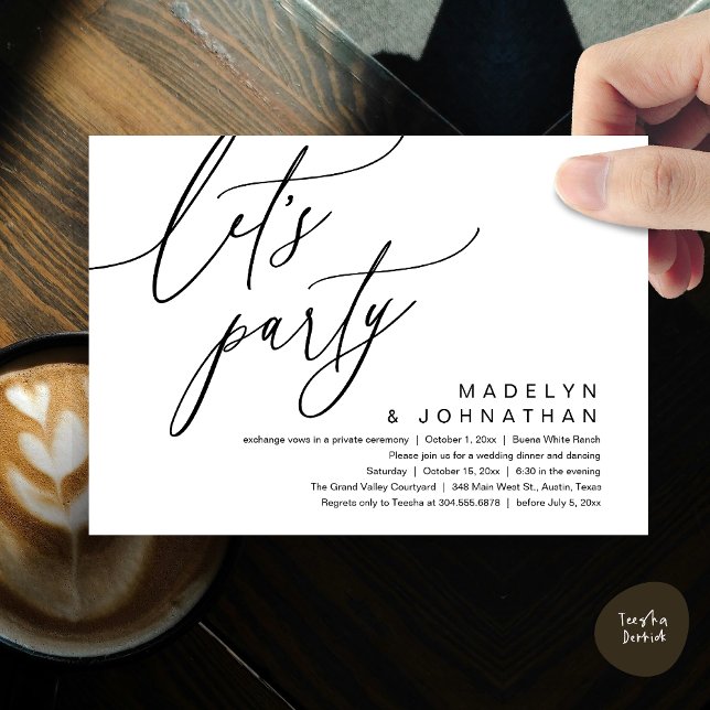 Invitación Fiesta, cena romántica Boda y baile (Let's Party, Romantic Charm Wedding Dinner Dancing Lunch Brunch Invitation Card PDF White Black)