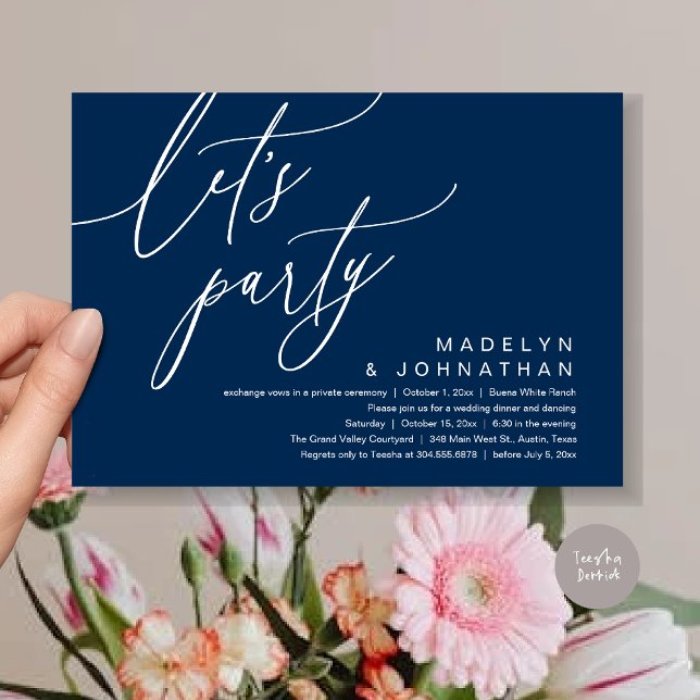 Invitación Fiesta, cena romántica Boda y baile (Let's Party, Romantic Charm Wedding Dinner Dancing Lunch Brunch Invitation Card PDF Navy Blue)