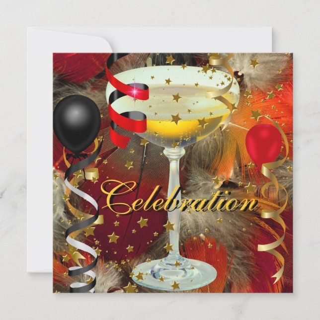 Invitación Fiesta Champán Celebración Negro Rojo (Anverso)