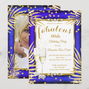 Invitación Fiesta Champán Palmas Doradas Azul Real Fabuloso