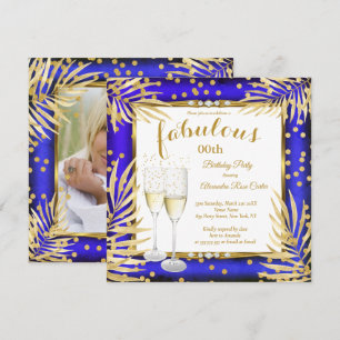 Invitación Fiesta Champán Palmas Doradas Azul Real Fabuloso