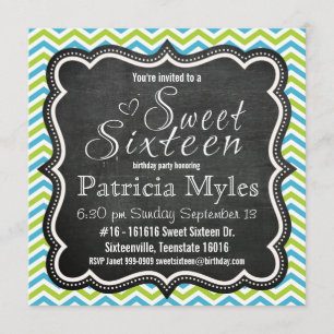 Invitación Fiesta Chevron Chalkboard Blue y Lime 16