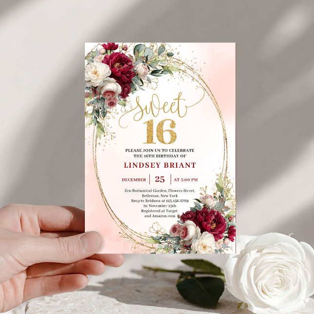 Invitación Fiesta chic boho marsala dorado floral dulces diec (Chic boho marsala gold floral sweet sixteen party invite

)