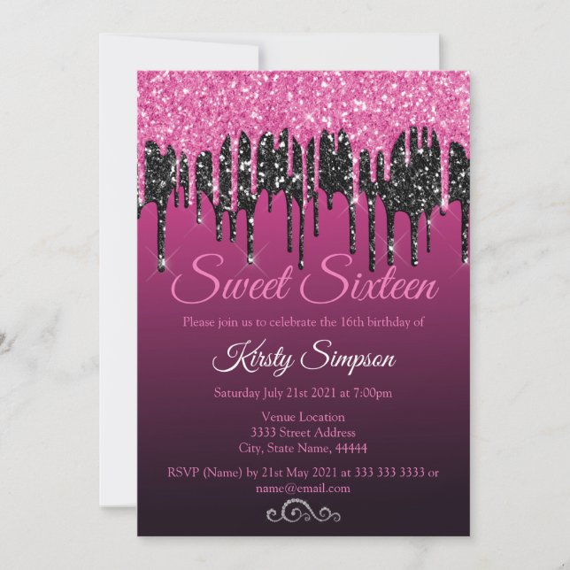 Invitación Fiesta Chic Cumpleaños Dieciséis Brillante Rosa Ne (Anverso)